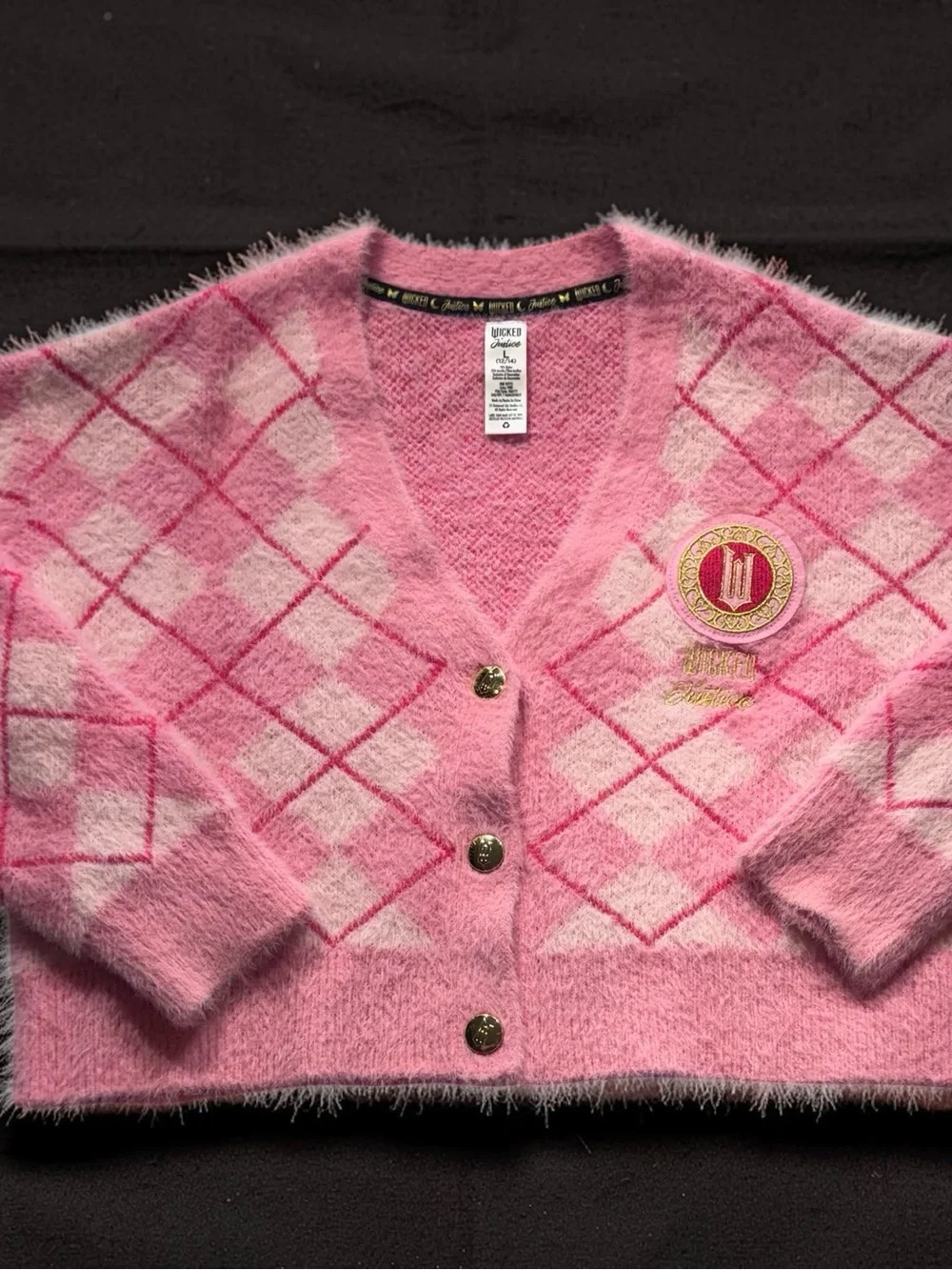 Justice Pink Fuzzy Argyle V-Neck Cardigan with Gold Buttons